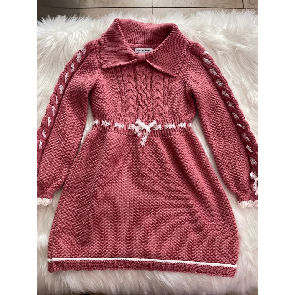 Cupcakes & Cashmere Girls' Pink Sweater Dress Cable-Knit  White Lace Size 5/6